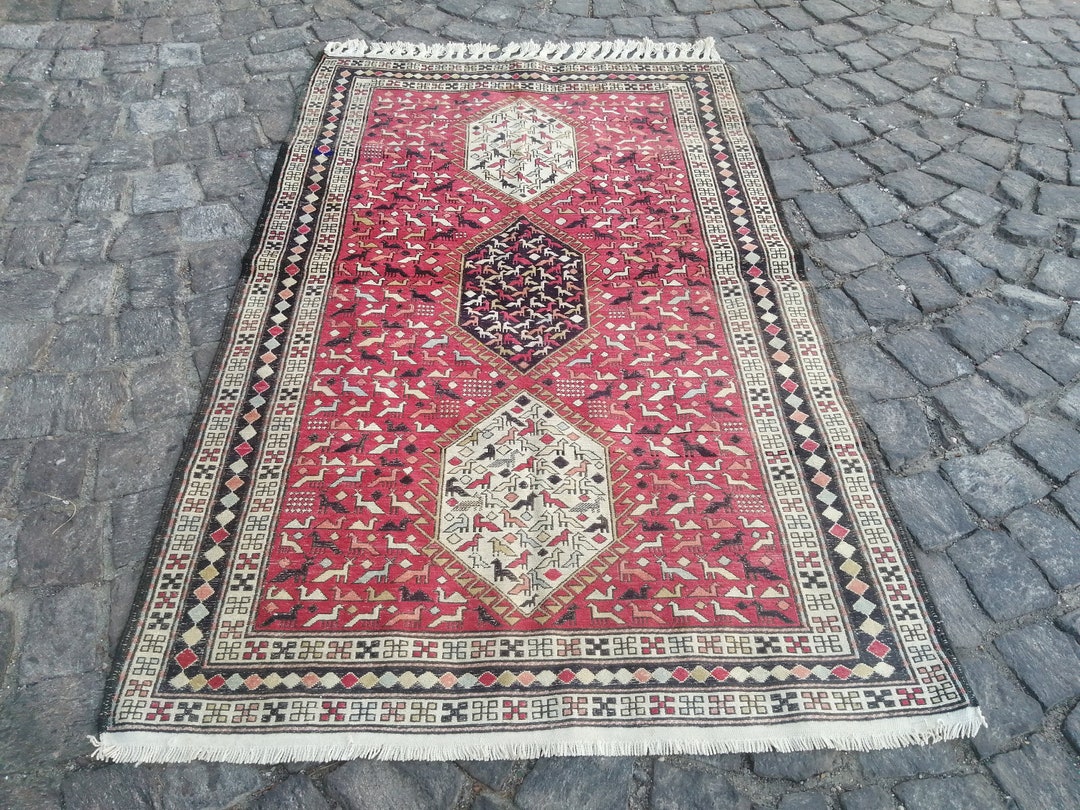 Persian Bird Print Rug, Persian Red Rug, Antique Rug, Vintage Rug ...