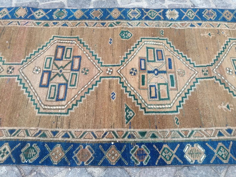 Runner Rug Persian Vintage Runner Rug, Brown and Blue Runner Rug