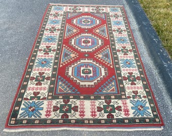 Hand woven rug Runner Vintage Rug 4.1x6.5 Ft Rug - Large Rug - Antique Rug - Wool Rug Turkish Rug - Original Handwoven Rug - Area Oushak Rug