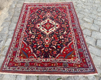 Persian Rug 3.4x4.7 Feet Red Blue Rug, Vintage Hand Made Rug, Unique Perfect Rug, Tribal Gabbeh Rug, Turkish Floor Rug, Antique Area Rug,