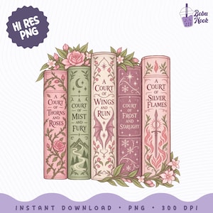 Puede incluir: Una ilustración digital de cinco lomos de libros titulados A Court of Thorns and Roses, A Court of Mist and Fury, A Court of Wings and Ruin, A Court of Frost and Starlight y A Court of Silver Flames, decorados con motivos florales y fantásticos.