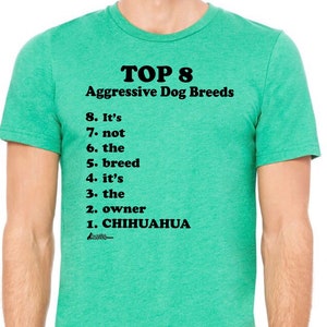 May include: A green t-shirt with the text "TOP 8 Aggressive Dog Breeds" and a list of dog breeds, ending with "1. CHIHUAHUA".