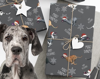 Great Dane Christmas Gift Wrap, Funny Great Dane wearing Santa Hats Wrapping Paper, Merry Danemas, Happy Holidanes holiday gift wrap
