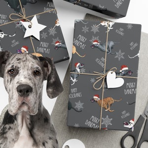 Great Dane Christmas Gift Wrap, Funny Great Dane wearing Santa Hats Wrapping Paper, Merry Danemas, Happy Holidanes holiday gift wrap