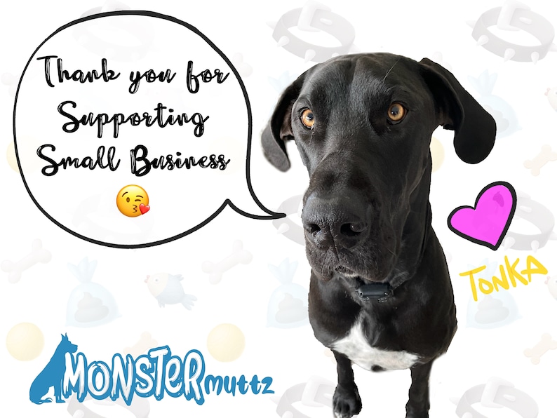 May include: A black Great Dane dog with a white patch on its chest, wearing a black collar, looks directly at the camera. The dog is sitting on a white background with a pink heart and the name "Tonka" written in yellow. The text "Thank you for supporting small business" is in a speech bubble above the dog's head. The text "Monster Muttz" is in blue at the bottom of the image.