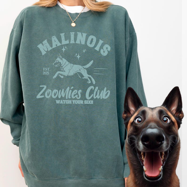 May include: Teal sweatshirt featuring the text "Malinois Zooomies Club" and a graphic of a running dog. The sweatshirt also has the text "Est. 2025" and "Watch Your Six!!". A happy Malinois dog is on the right.