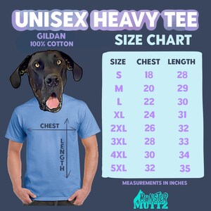 a black dog wearing a blue shirt with measurements