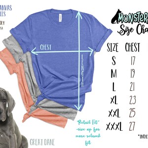 May include: Size chart for unisex t-shirts in sizes S-XXXL. The chart shows chest and length measurements in inches. The t-shirts are made from Bella + Canvas fabric and are eco-friendly and made in the USA.