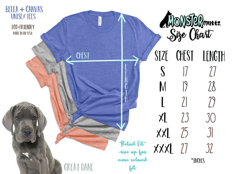 May include: Size chart for unisex t-shirts in sizes S-XXXL. The chart shows chest and length measurements in inches. The t-shirts are made from Bella + Canvas fabric and are eco-friendly and made in the USA.