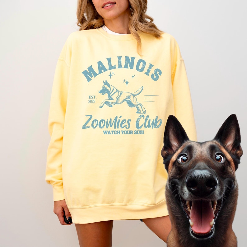 May include: A pale yellow sweatshirt featuring the words "Malinois Zoomies Club" in blue, with a running dog graphic and the text "Watch Your Six!!". A smiling Belgian Malinois dog is also in the image.
