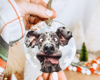 May include: A round Christmas ornament featuring a funny-looking dog with a long tongue sticking out. The ornament is clear glass with a white snowflake pattern.