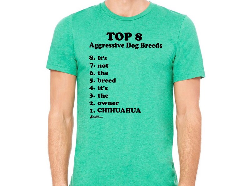 May include: A green t-shirt with the text "TOP 8 Aggressive Dog Breeds" and a list of dog breeds, ending with "1. CHIHUAHUA".