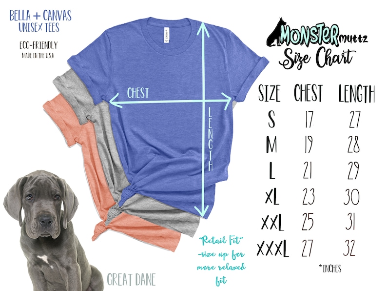May include: Size chart for unisex t-shirts in sizes S-XXXL. The chart shows chest and length measurements in inches. The t-shirts are made from Bella + Canvas fabric and are eco-friendly and made in the USA.