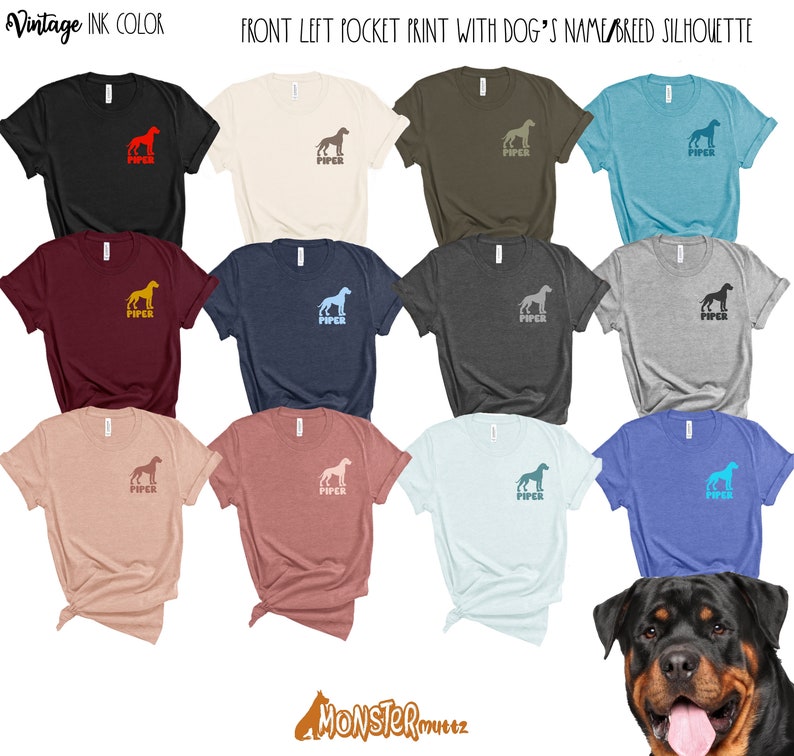May include: A collection of t-shirts in various colours featuring a silhouette of a dog breed with the name "PIPER" printed on the front left pocket. The shirts are displayed on a white background with a dog breed silhouette in the bottom right corner.