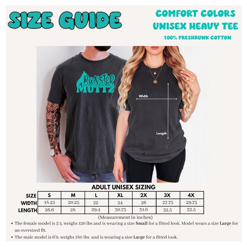 May include: Size guide for a unisex heavy tee, featuring a model wearing a dark gray t-shirt with the text "Monster Muttz" in teal. The guide includes measurements in inches for sizes S to 4X, with width ranging from 18.25 to 29.75 inches and length from 26.6 to 33.5 inches.