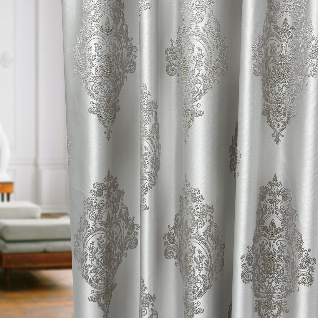 Custom Luxury Bohemian Curtains With Damask Pattern, Silver Gray