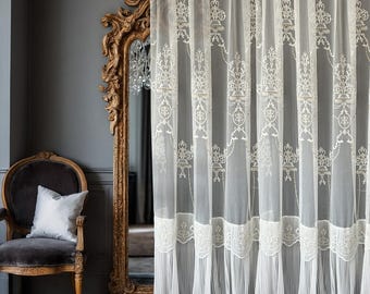 Vintage Victorian Lace Sheer Curtains | Bohemian Pleated Embroidered Tulle