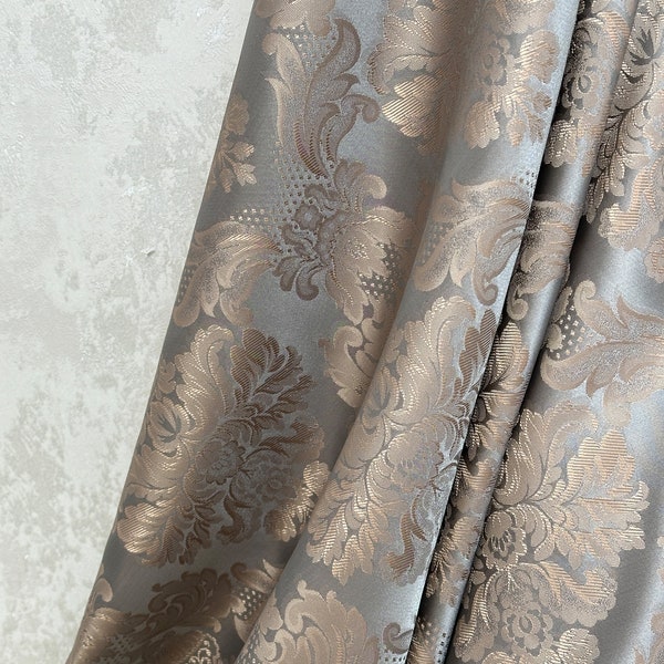 Custom Classic Patterned Curtains, Luxury Victorian Rose Gold / Gray Windows Draping, Damask Patterned Living Room Curtains