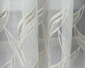 Art Deco Leaf Cream Lace Curtains: Sheer Embroidered Tulle, Extra Wide for Living Room