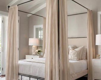 Linen Canopy Bed Curtains - Cream | Green | White Cotton Muslin Bedroom Drapes