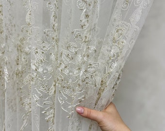 Dense floral embroidery voile,  Luxury custom sheer curtains for living room, Light Beige Lace tulle curtains
