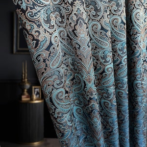 luxury rich classy jacquard curtains, Turquoise blue thick living room curtains, Custom Art deco floral curtain pair panels image 1
