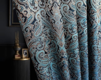 luxury rich classy jacquard curtains, Turquoise blue thick living room curtains, Custom Art deco floral curtain pair panels
