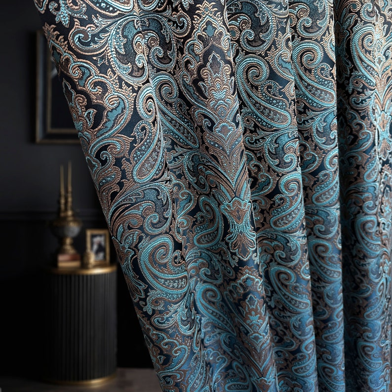 luxury rich classy jacquard curtains, Turquoise blue thick living room curtains, Custom Art deco floral curtain pair panels image 1