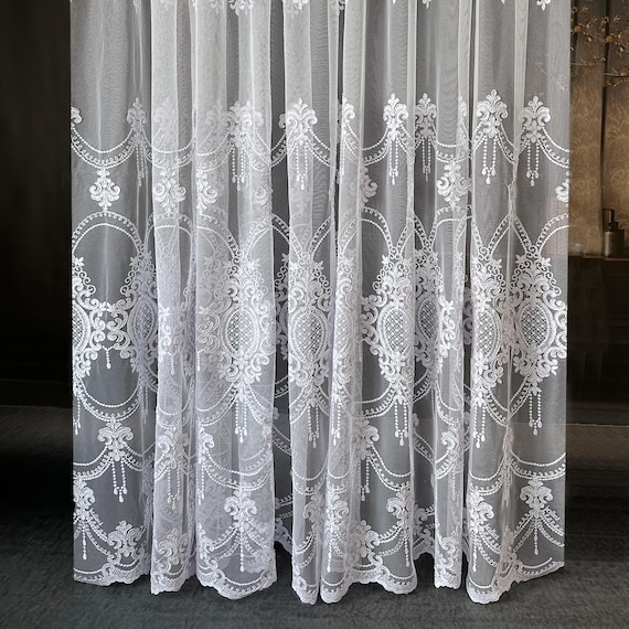 最終値下　MARGE Tulle floral sheer scarf gray Damask Sheer Curtains: Glamour Lace Embroidered Floral Tulle