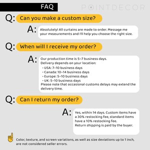 K&ouml;nnte beinhalten: FAQ-Grafik mit dem Point Decor-Logo. Das Bild beantwortet h&auml;ufige Fragen zu Sonderanfertigungen von Vorh&auml;ngen, einschlie&szlig;lich Gr&ouml;&szlig;e, Lieferzeiten und R&uuml;cksendungen. Der Text ist in Schwarz und Gelb.