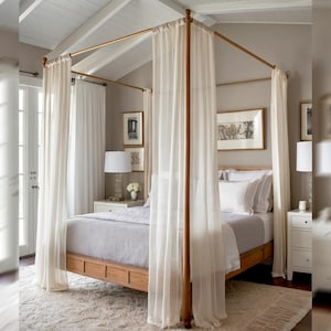 Custom Size Linen Four Poster Canopy Bed Curtains, Boho Style Adult Bed Canopy Drapes, White Sheer Curtains for Bedroom