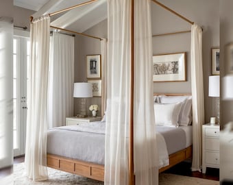 Custom Linen Four Poster Bed Canopy Curtains: White Boho Drapes