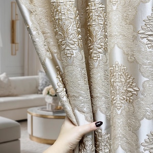Ivory Gold Damask Curtains: Bohemian Jacquard Window Panel