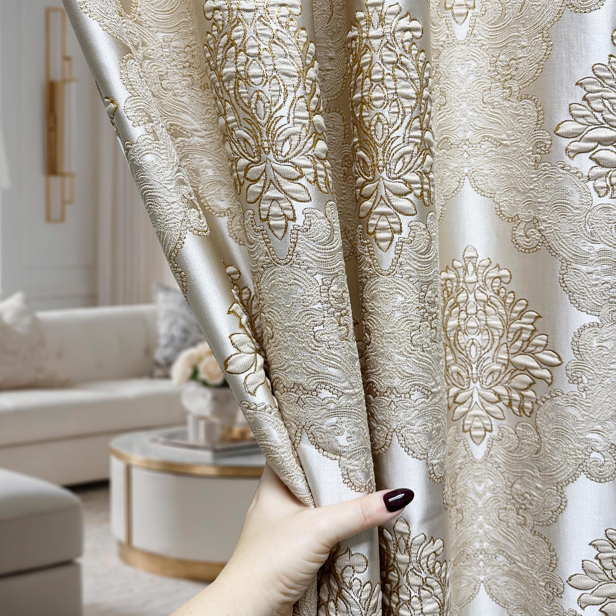 Ivory Gold Jacquard Damask Curtains for Living Room, Custom Bohemian Bedroom Curtains with Black Out Lining, Vintage Victorian Curtains