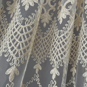 Luxury Embroidered Golden Lace Sheer Curtain, Elegant Champagne Tulle Curtains, French Style Voile Curtains
