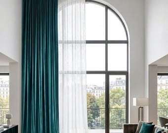 Tende in velluto extra lunghe: tende color verde acqua con fodera oscurante per il soggiorno.