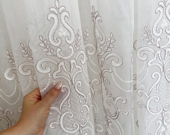 Luxury Damask Sheer Curtains: Custom Size French Style Embroidered Lace Voile