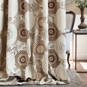 Mid Century Floral Jacquard Curtains: Beige Brown Living Room Panels