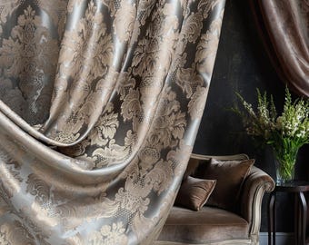 Custom Classic Patterned Curtains, Luxury Victorian Rose Gold / Gray Windows Draping, Damask Patterned Living Room Curtains