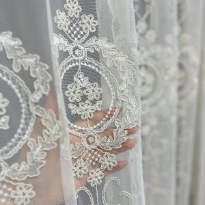 Elegant Cream Victorian Sheer Curtains with Embroidery, Off White Floral Lace Tulle Curtains for Kitchen, Living Room, Bedroom Windows Decor