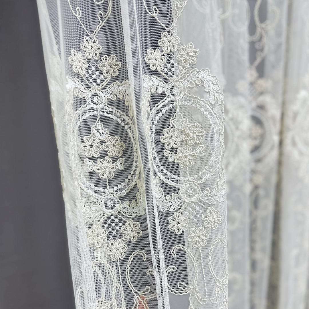 Embroidered Floral Lace Curtains: Wide Pocket Living Room Tulle