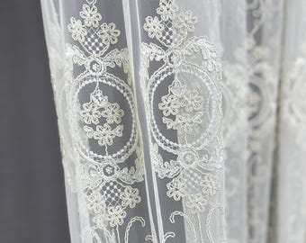 Embroidered Floral Lace Curtains: Wide Pocket Living Room Tulle
