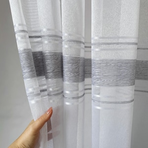 Striped white long sheer curtains with gray inserts, Tulle curtains for kitchen, Modern mesh lace window sheers, doorway curtain