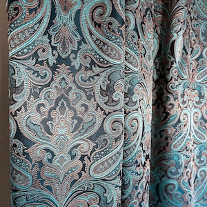 luxury rich classy jacquard curtains, Turquoise blue thick living room curtains, Custom Art deco floral curtain pair panels image 9