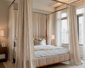 Custom Four Poster Canopy Bed Curtains - Organic Muslin  - Handmade Cream | Green | White Cotton Drapes