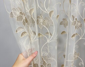 Dense floral embroidery voile,  Luxury custom sheer curtains for living room, Light Beige Lace tulle curtains