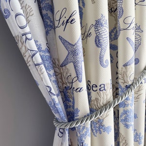 Nautical MARINE curtains from linen fabric. Coral theme blue and white custom curtains. Set of heavy curtains and voile for kids room