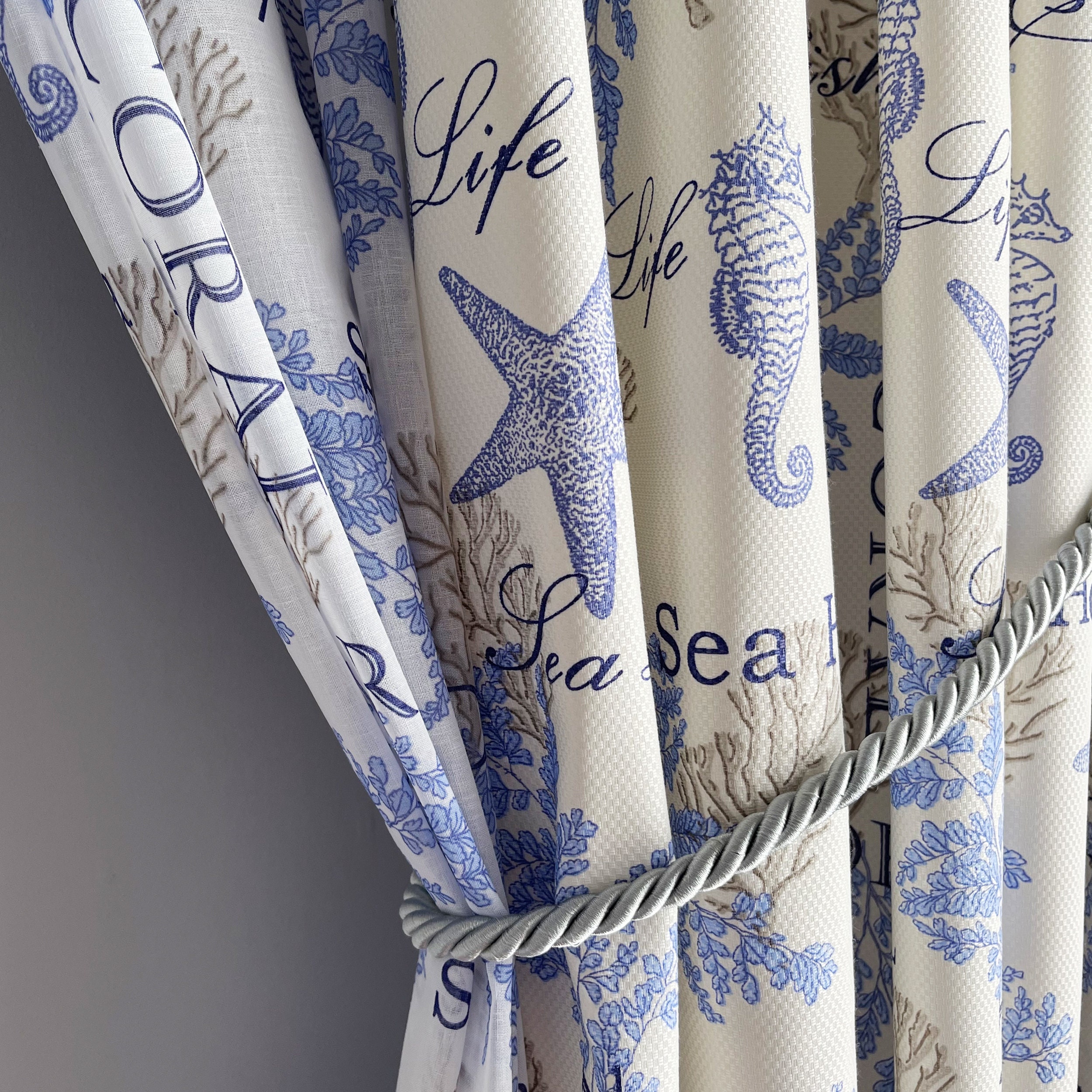 Nautical MARINE Curtains From Linen Fabric. Coral Theme Blue and