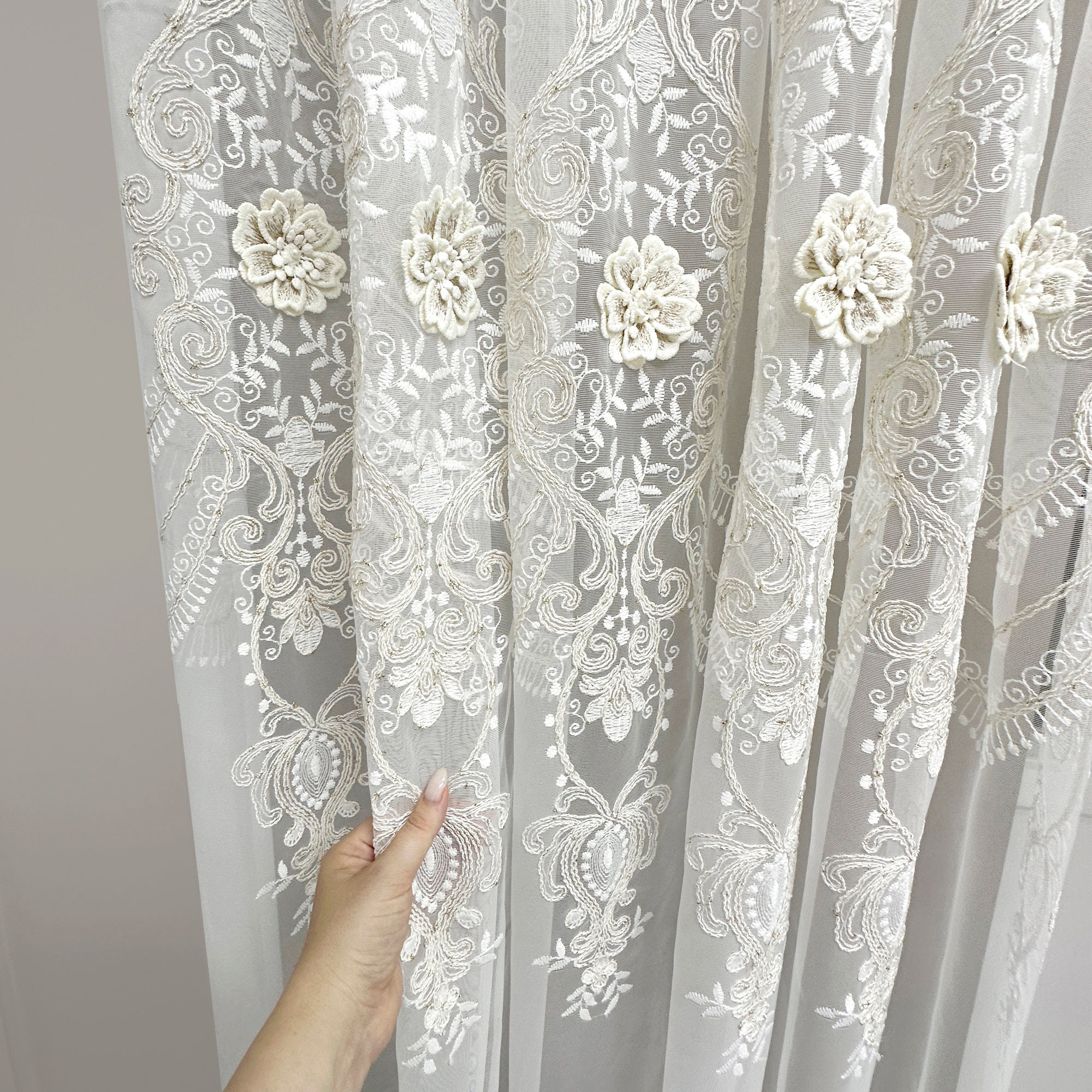 Luxury Victorian Damask Embroidered Sheer Lace Curtains: Living