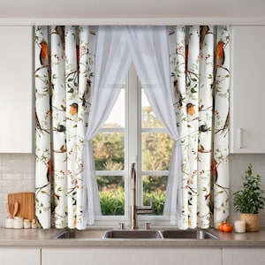 Watercolor Birds Kitchen Cafe Curtains Set, Colorful Custom Short Floral Curtains, Boho Farmhouse Curtain Panels